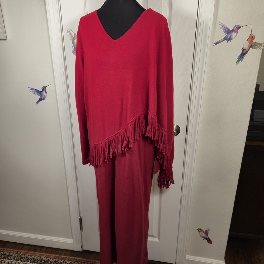 Tribeca Studio Plus Size 1XLWP Red Fringe Maxi Sweater Dress Boho Knit V-Neck